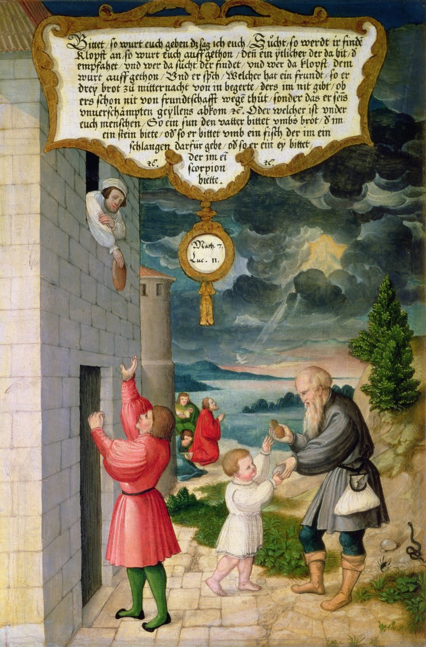 "Vem av er, när hans son ber om ett bröd, ska ge honom en sten" (Matteus 7), och "Vän, låt mig få tre bröd: för en vän till mig som reser har kommit till mitt hus och jag har ingenting till av Matthias Gerung or Gerou