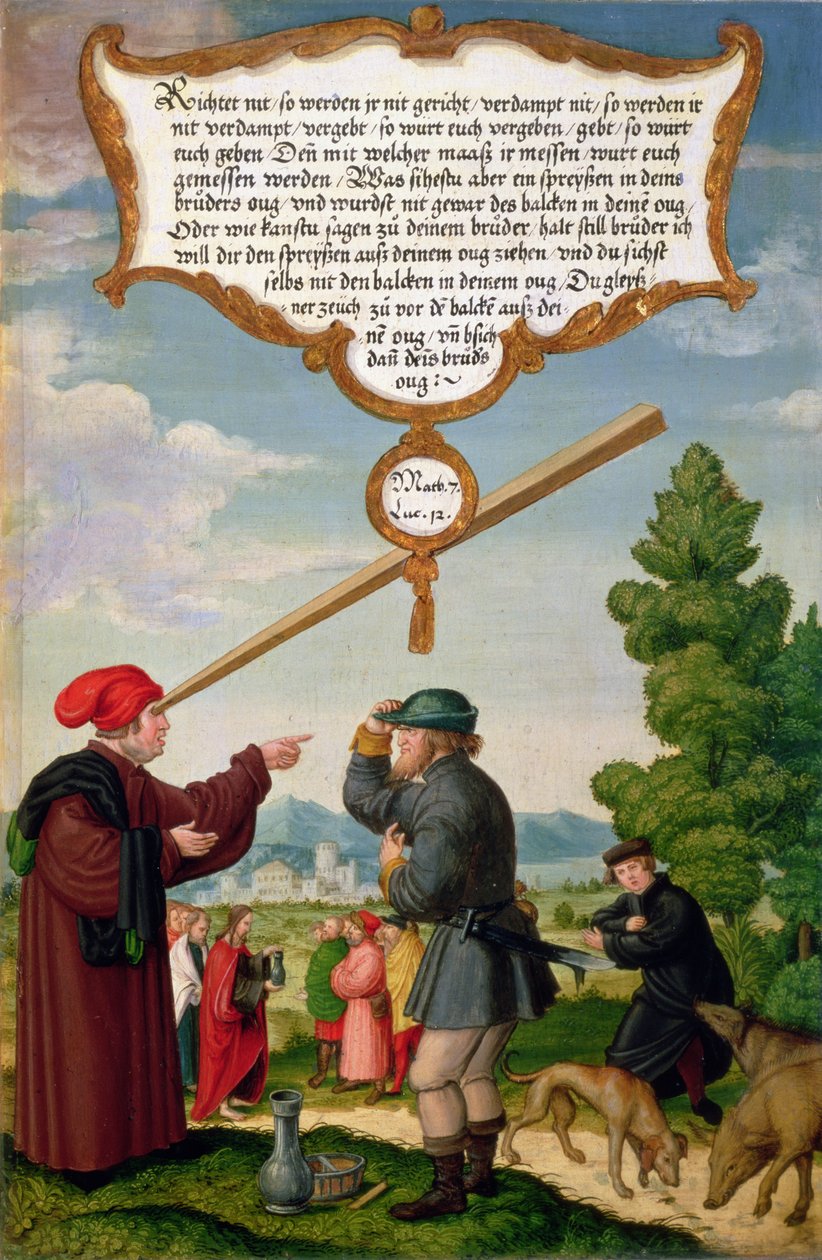 "Varför lägga märke till splinten i din brors öga och inte se plankan i ditt eget öga", illustration av Kristi undervisning (Matteus 7, Lukas 12) sektion av vingpanelen från Mompelgarter-altartavlan av Matthias Gerung or Gerou