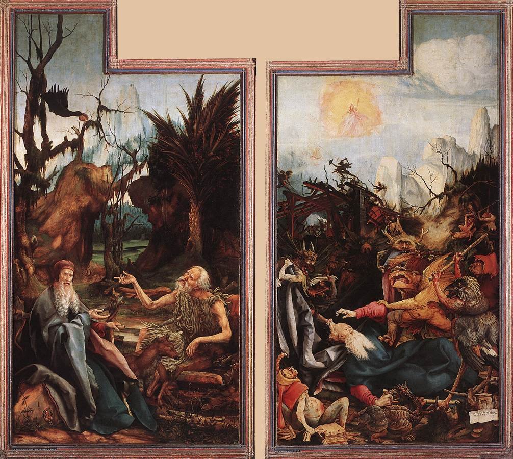 Visit of St Anthony to St Paul and Temptation of St Anthony av Matthias Grünewald