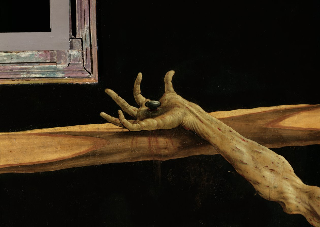 Korsfästelse från Isenheim-altaruppsatsen, detalj av Kristi högra hand, ca 1512-16 olja på panel av Matthias Grünewald
