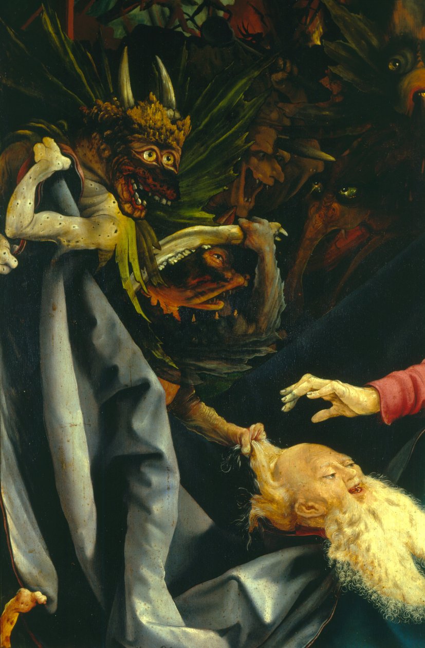Demoner som drar Sankt Antonius i håret, detalj från Sankt Antonius frestelse från Isenheim-altartavlan, ca 1512-16 av Matthias Grünewald