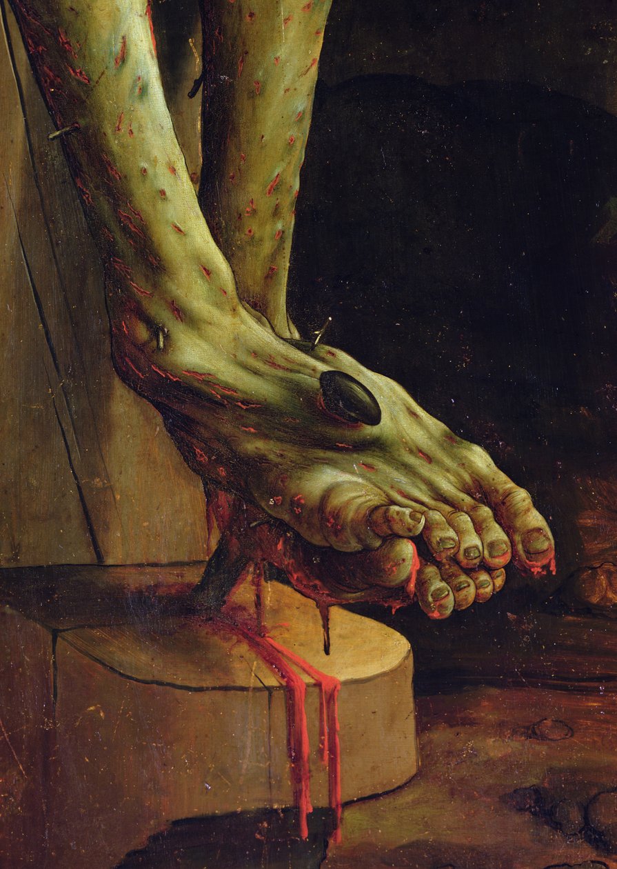 Detalj av Kristi fot från korsfästelsen av Isenheim altartavla, inre panel, ca 1512-15, olja på panel av Matthias Grünewald