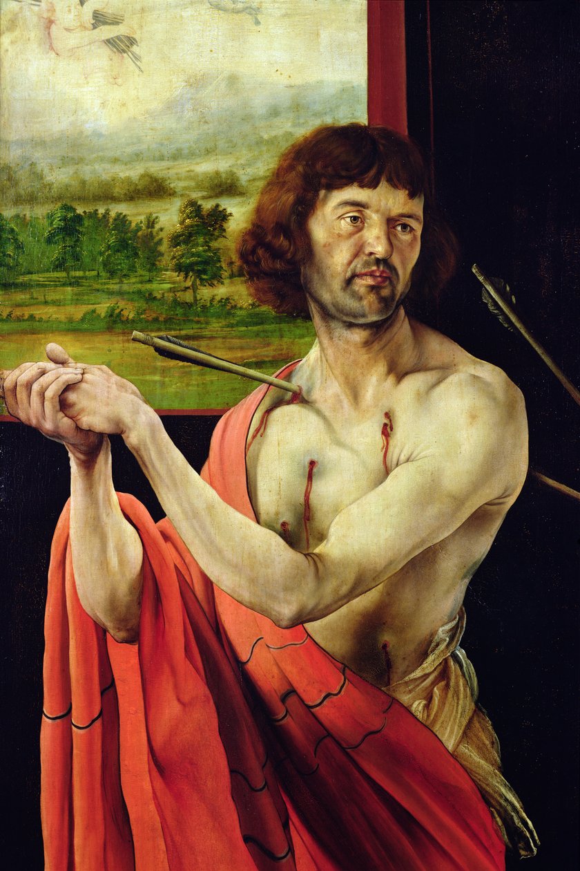 Detalj av Saint Sebastien och landskapet från Isenheim altartavla, innerflygel, ca 1512-16, olja på panel av Matthias Grünewald