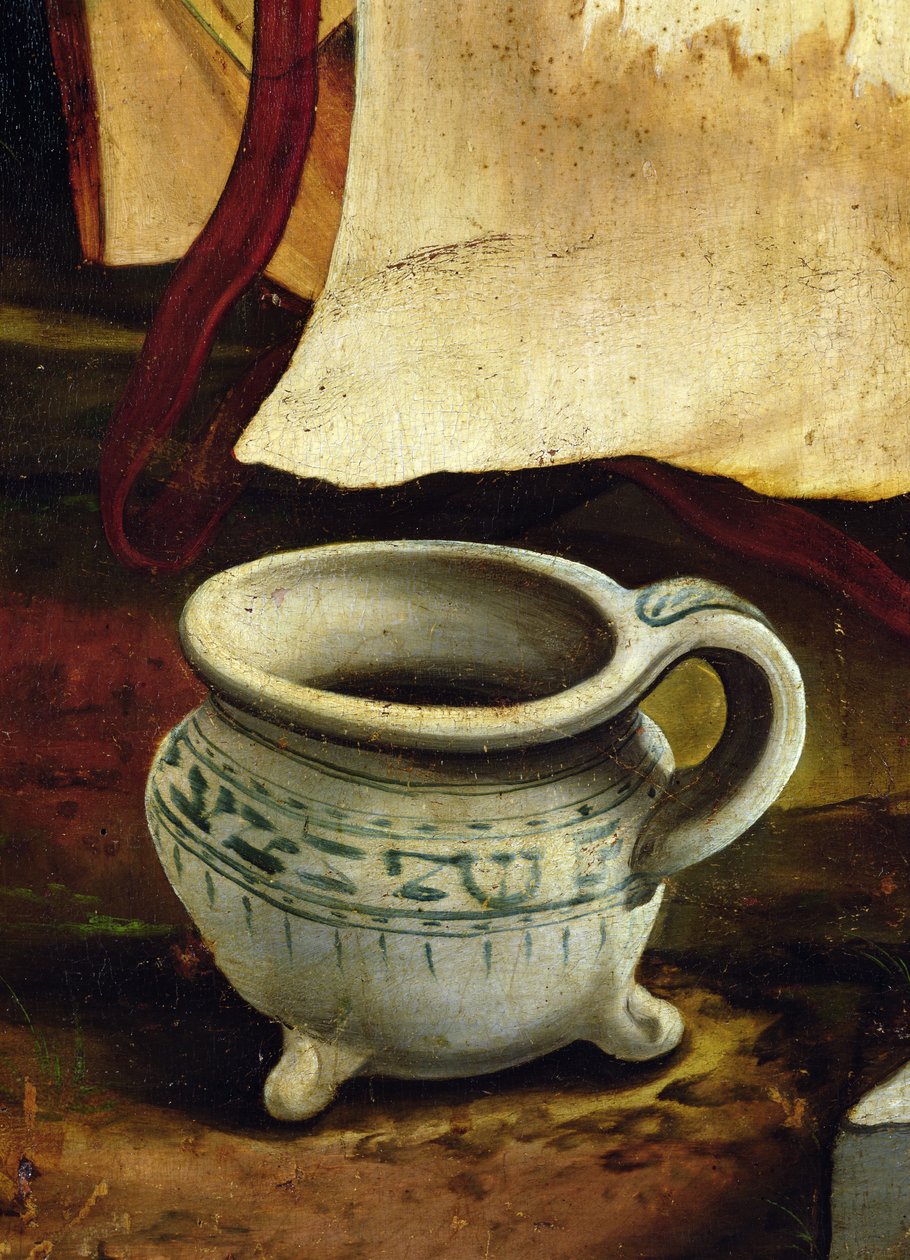 Detalj av en kammarkruka från julkrubban av Isenheim altartavla, yttervinge, ca 1512-1516, olja på panel av Matthias Grünewald