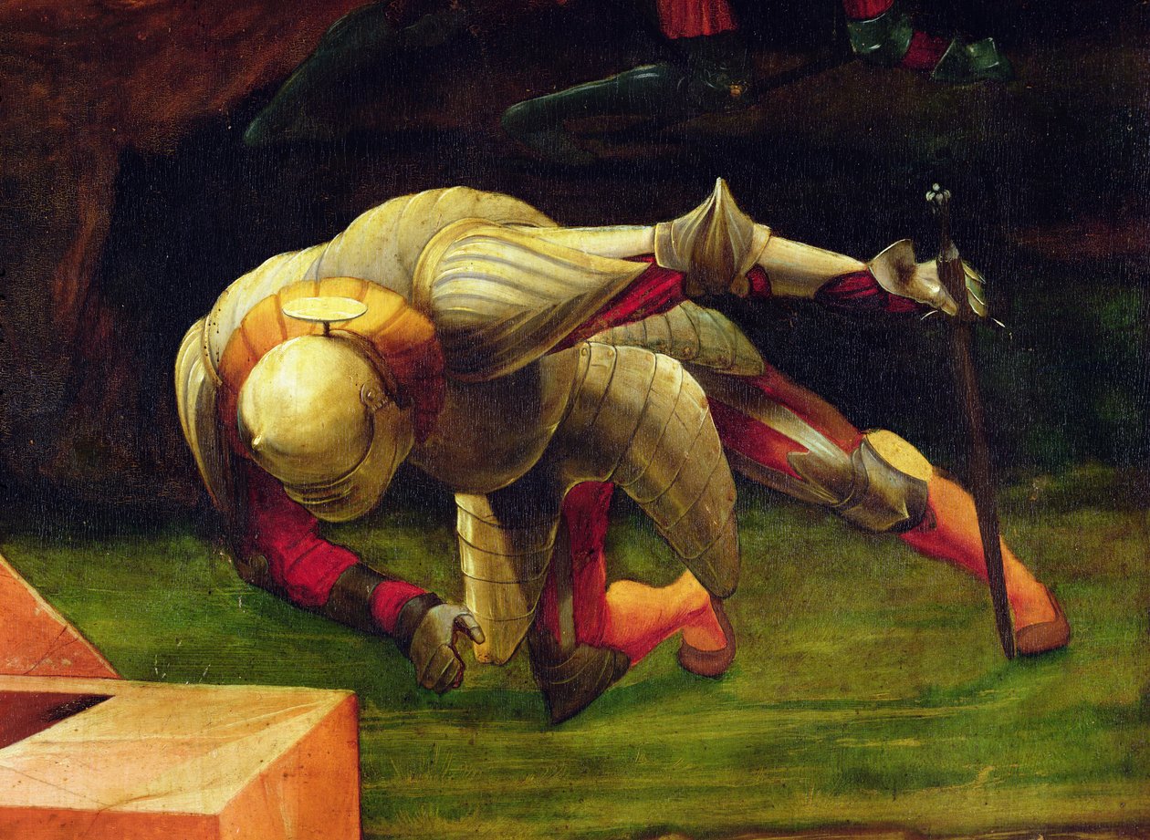Detalj av en fallande soldat från scenen för Kristi uppståndelse från Isenheim altartavla, ca 1512-16, olja på panel av Matthias Grünewald