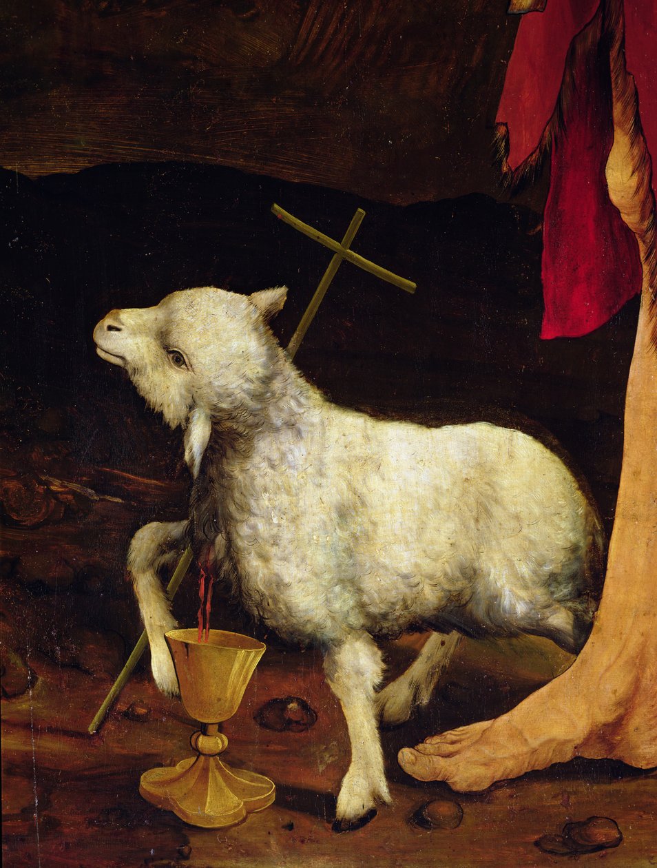 Detalj av korsfästelsen från Isenheim altartavla detalj av ett lamm, ca 1512-16, olja på panel av Matthias Grünewald