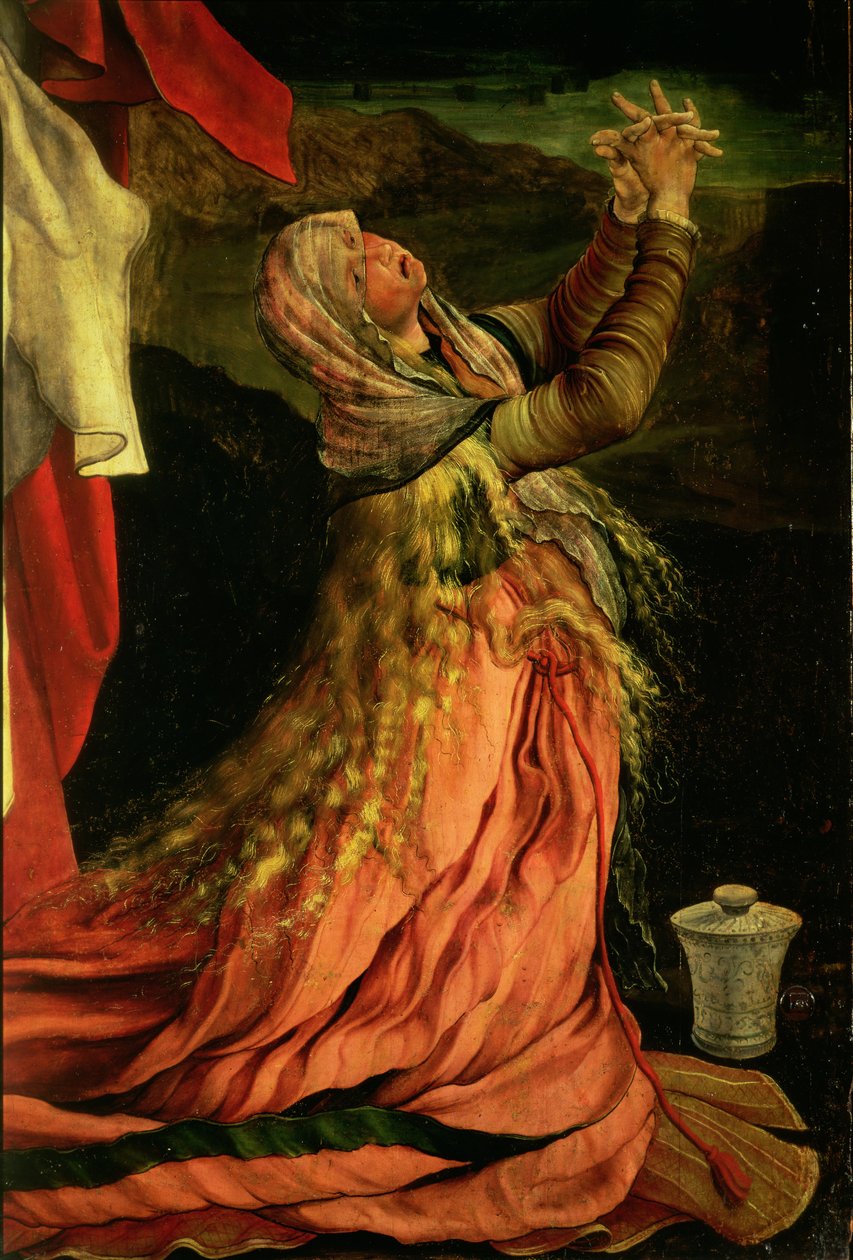 Maria Magdalena, detalj från korsfästelsen från Isenheims altartavla, ca 1512-16 av Matthias Grünewald