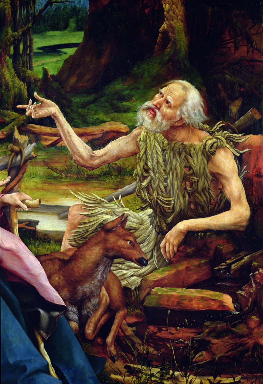 Sankt Antonius besök hos eremiten Sankt Paul. Detalj av Saint Anthonys besök hos Saint Paul från Isenheim altartavla, ca 1512-16 olja på trä av Matthias Grünewald