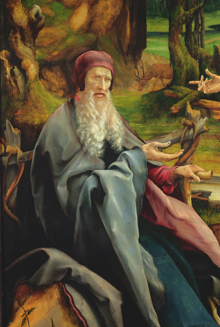 Sankt Antonius besök hos eremiten Paulus, detalj från Isenheims altartavla, ca 1512-16 (olja på trä) av Matthias Grünewald