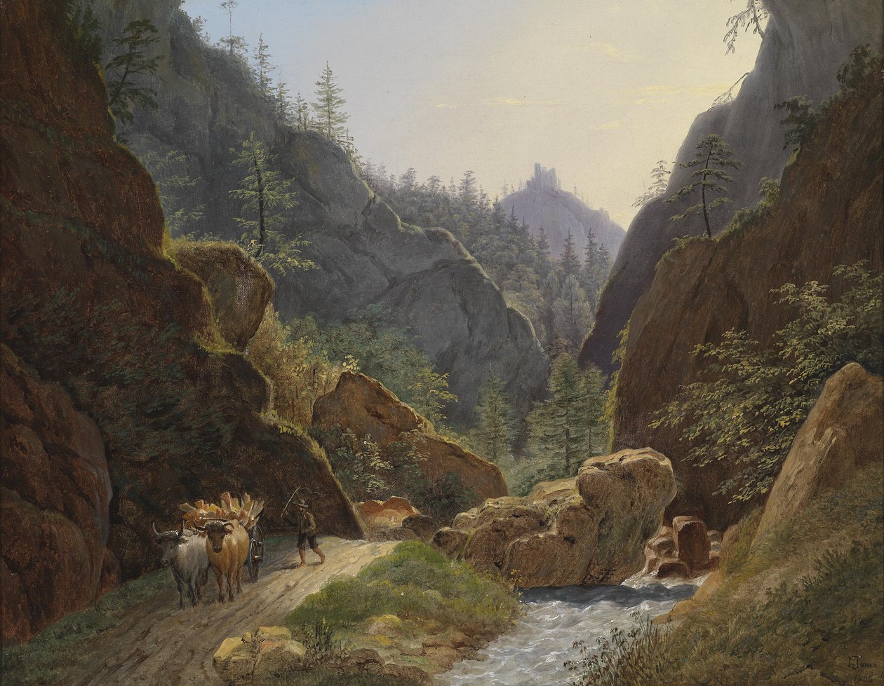 Bauer mit einem Ochsengespann bei Schottwien mit Blick auf die Ruine Klamm av Matthias Rudolf Toma