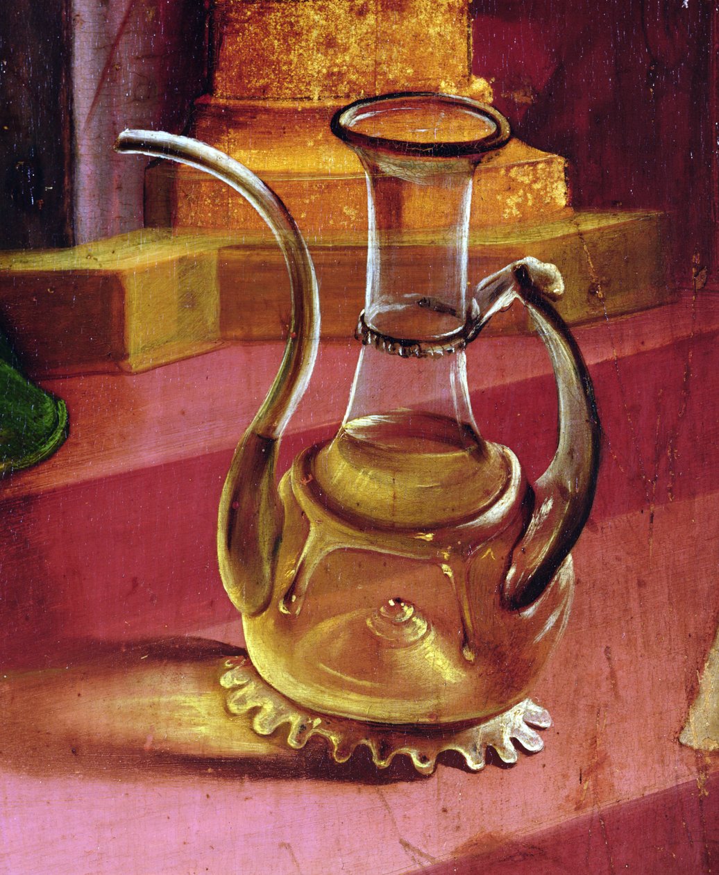 En glaskanna, detalj från änglarnas konsert från Isenheims altartavla, ca 1512-16 av Matthias Grünewald