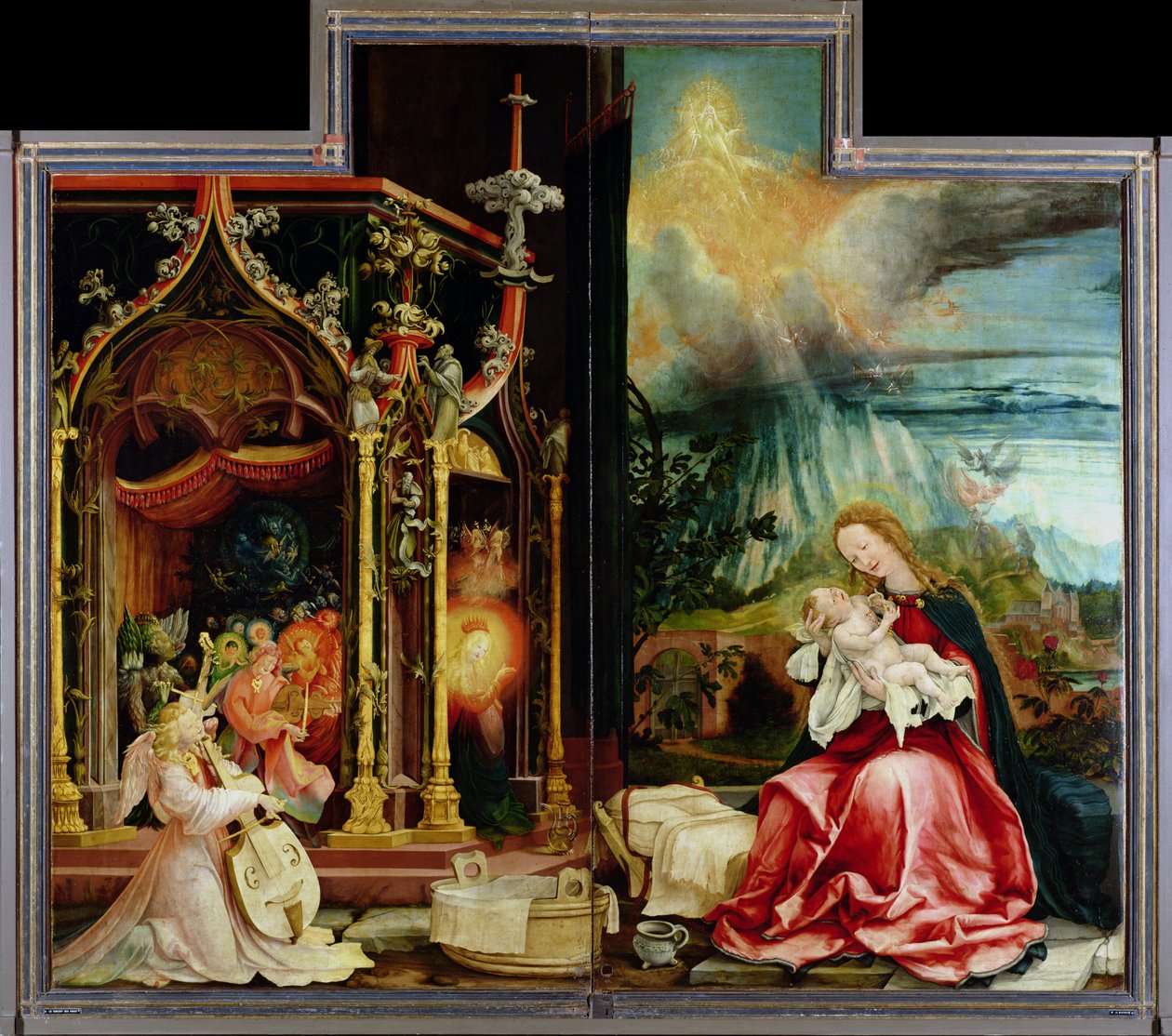 Födelse och änglakonsert från Isenheims altartavla, central panel (olja på panel) av Matthias (c.1480 1528) Grunewald