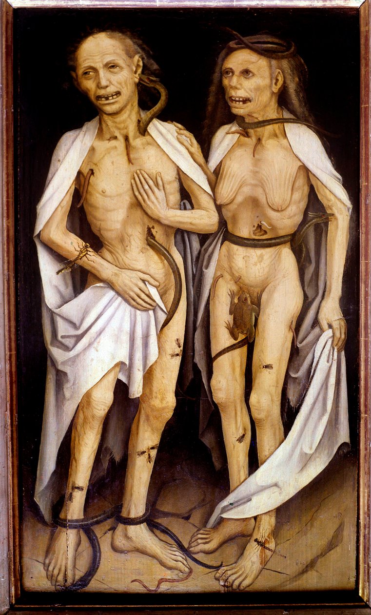 Överträder älskare ett åldrande par med kroppar i sönderfall genomträngda av ormar och täckta med insekter påminner Adam och Eva (olja på trä) av Matthias (c.1480 1528) Grunewald