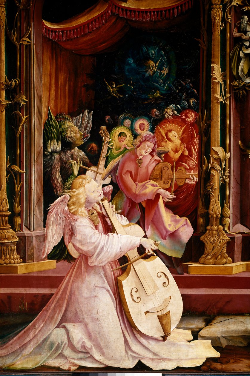 Altartavla av Issenheim (eller Isenheim): "" La Nativite"" Detalj av konserten med Angels-musiker. Ängeln i mitten spelar gambaviol. Paneler av Mathis Neithardt Gothardt dit Matthias Grunewald (1480-1528) (ec.all.) 1512-1516 Dim. 265x304 cm Kol av Matthias (c.1480 1528) Grunewald