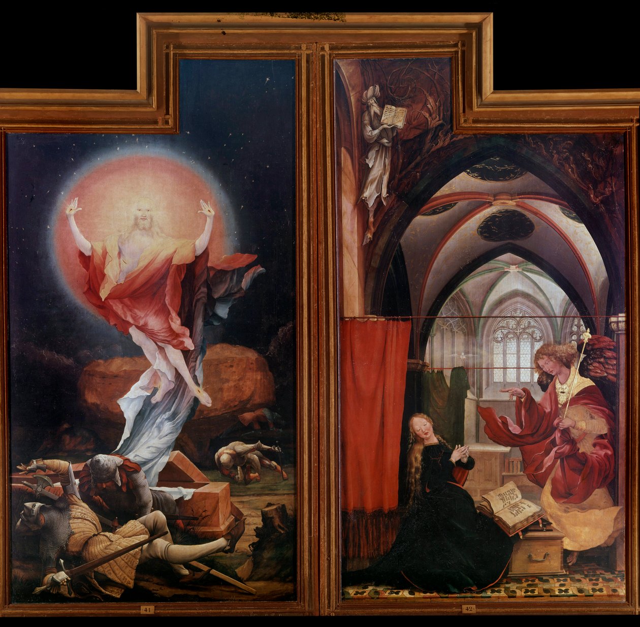 Altartavla av Issenheim (eller Isenheim): "" Uppståndelsen"" "" Bebådelsen"" Paneler av Mathis Neithardt Gothardt dit Matthias Grunewald (1480-1528) (ec.all.) 1512-1516 Colmar, Musee Unterlinden av Matthias (c.1480 1528) Grunewald
