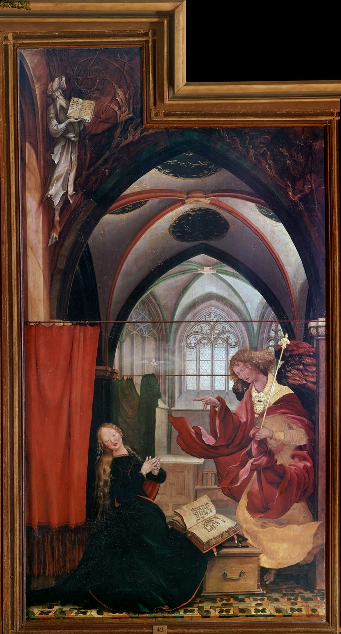 Issenheim altartavla (eller Isenheim): Paneler "Bebådelsen" av Mathis Neithardt Gothardt dit Matthias Grunewald (1480-1528) (ec.all.) 1512-1516 Colmar, Musee Unterlinden av Matthias (c.1480 1528) Grunewald