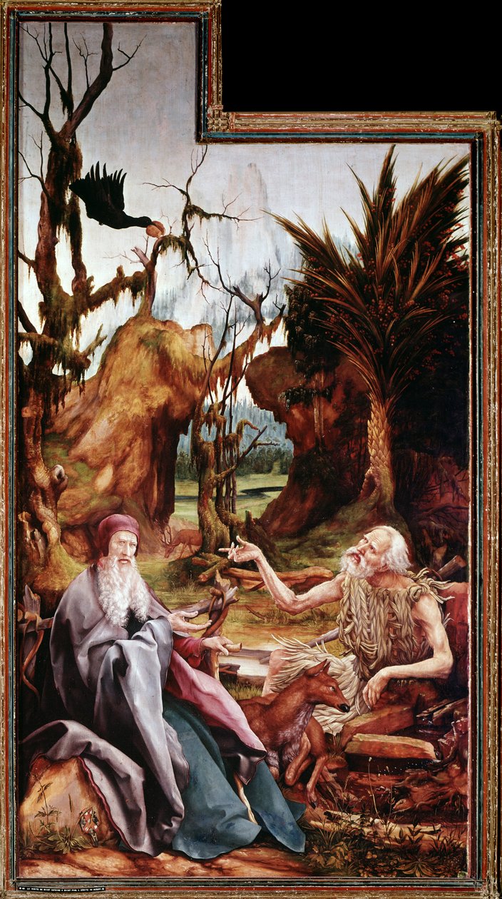 Sankt Antonius den store och Paulus i öknen, Issenheims altartavla (olja på panel av Matthias (c.1480 1528) Grunewald