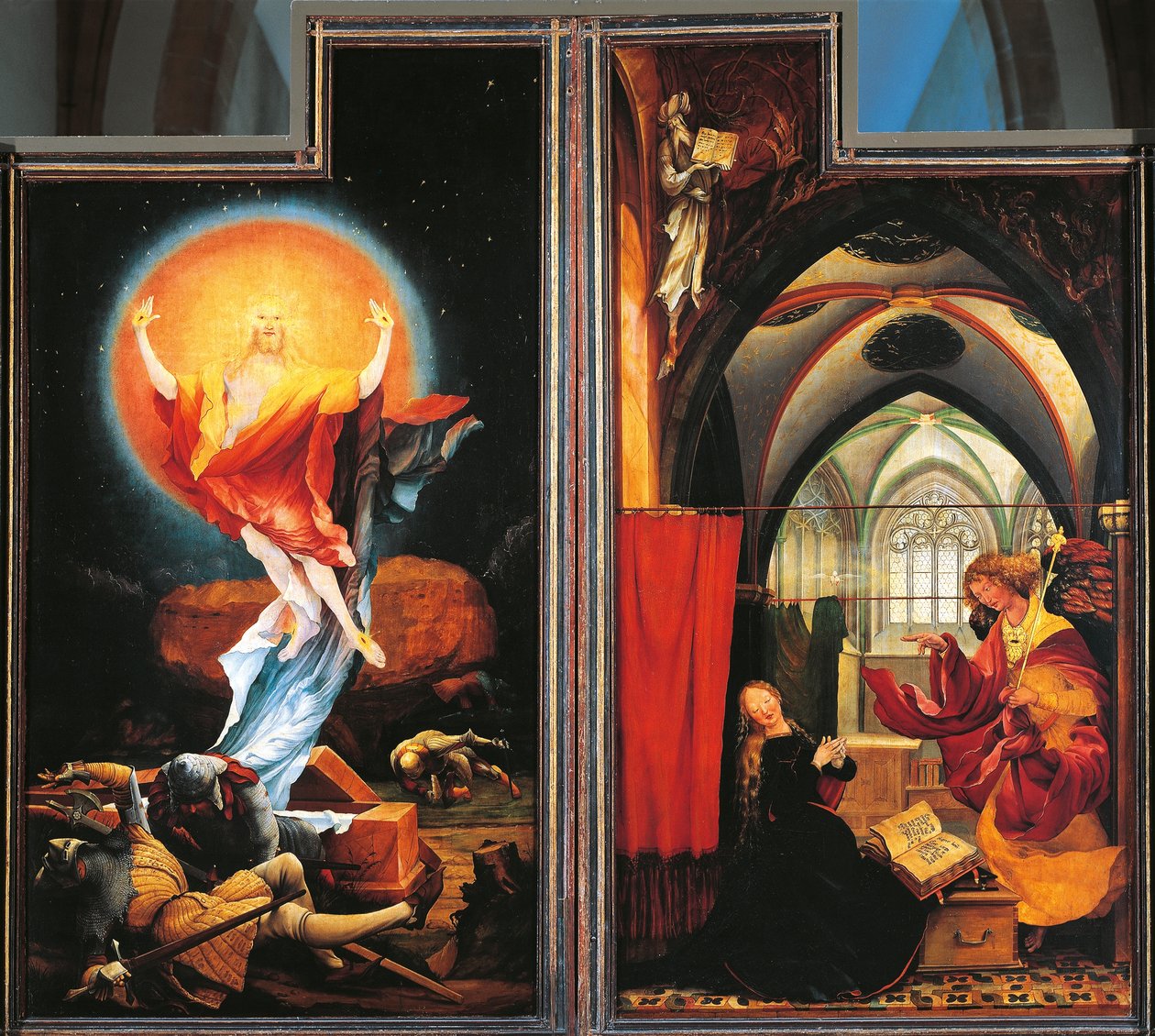 The Annunciation and Resurrection of Christ, detalj från Isenheim-altartavlan, ca 1512-16 (olja på panel) av Matthias (c.1480 1528) Grunewald