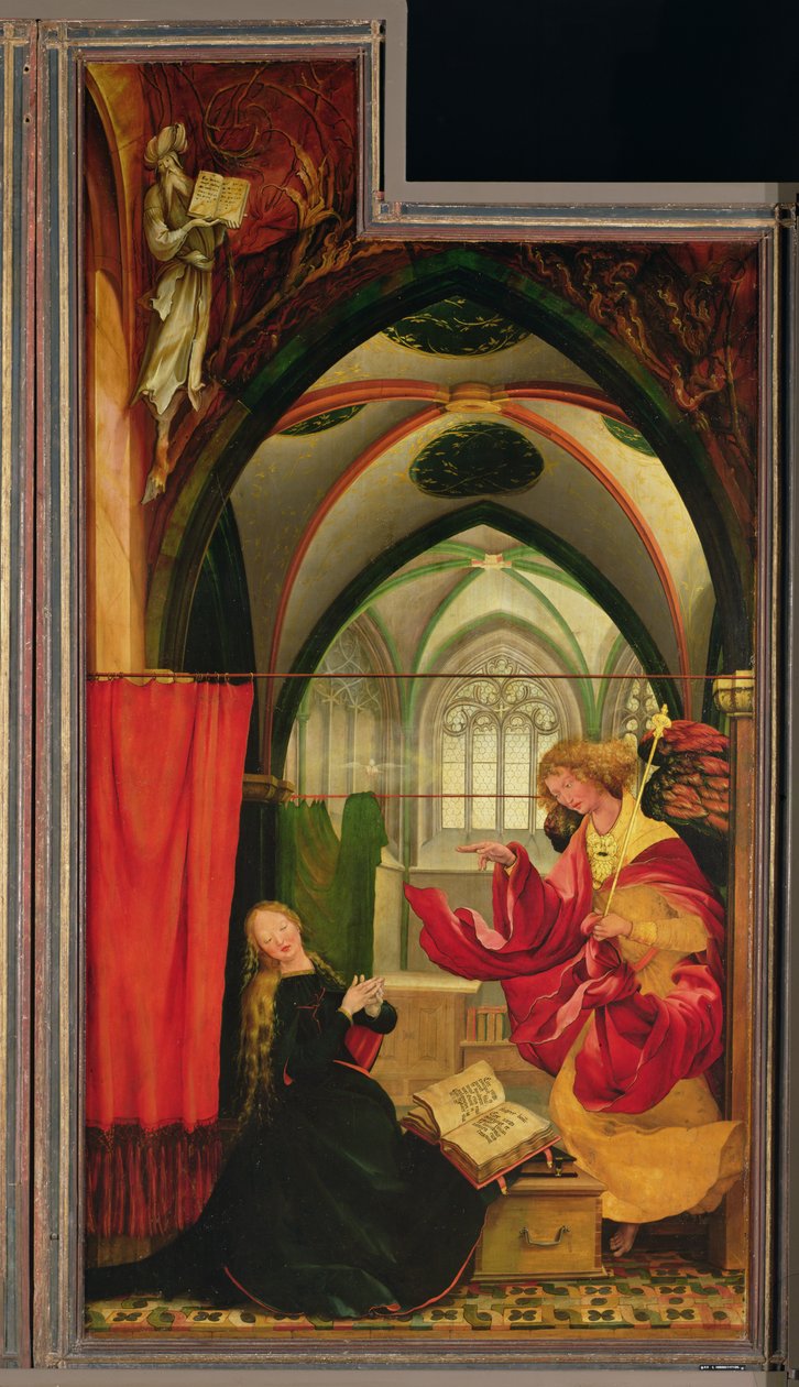 Bebådelsen från Isenheim-altartavlan, vänster vinge, ca 1512-16 (olja på panel) av Matthias (c.1480 1528) Grunewald
