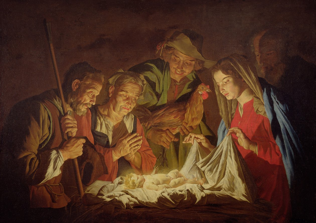 Tillbedjan av herdarna (olja på duk) av Matthias (c.1600 p.1650) Stomer