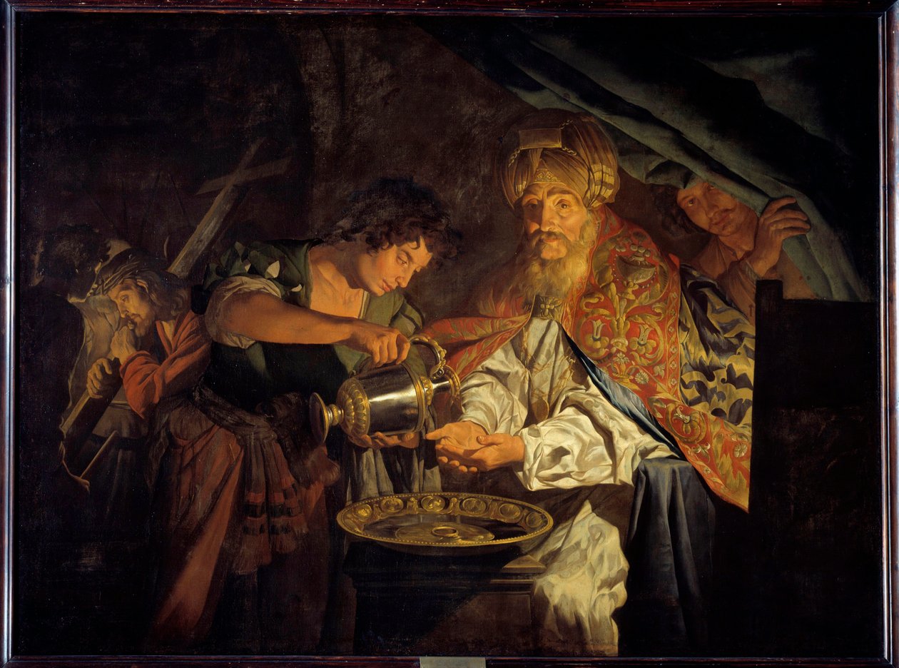 Pontius Pilatus (Pontius Pilatius) tvättar sina händer Pontius Pilatus (10 f.Kr.-39 e.Kr.), Judeus prefet, som dömer värdelös för att fördöma Jesus Kristus, tvättar sina händer för att beteckna sin oenighet - Målning av Mathias Stomer (Matthias Stom) (1600 av Matthias (c.1600 p.1650) Stomer
