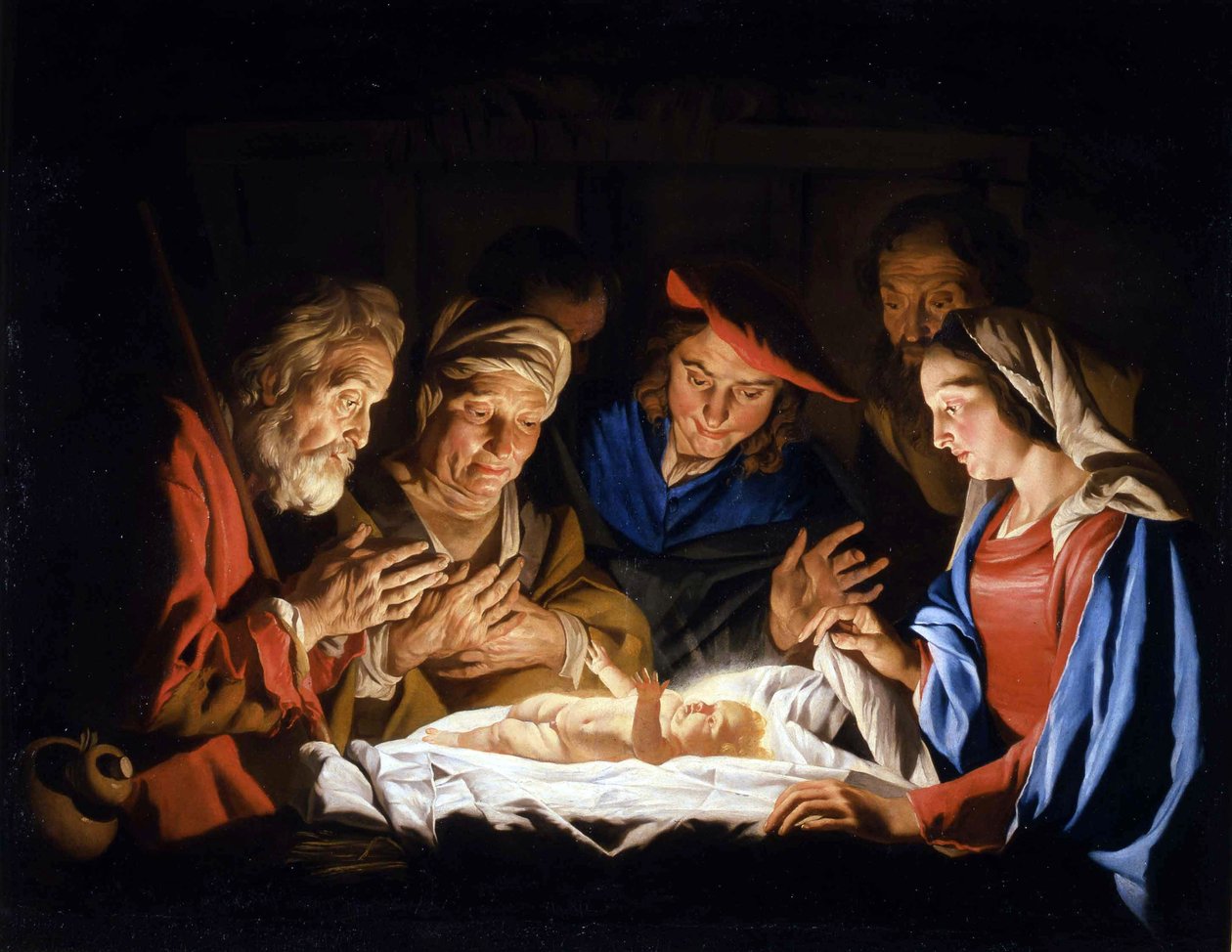 The Adoration of the Christ Child par Stomer (Stom), Matthias (ca.1600-efter 1650). Olja på duk, storlek: 127x163, ca 1640-1645, Palazzo Madama Torino av Matthias (c.1600 p.1650) Stomer