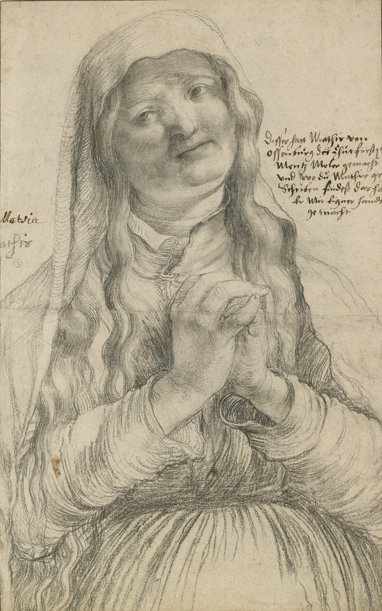 En äldre kvinna med knäppta händer, ca 1512 (svart krita på papper) av Matthias Grünewald