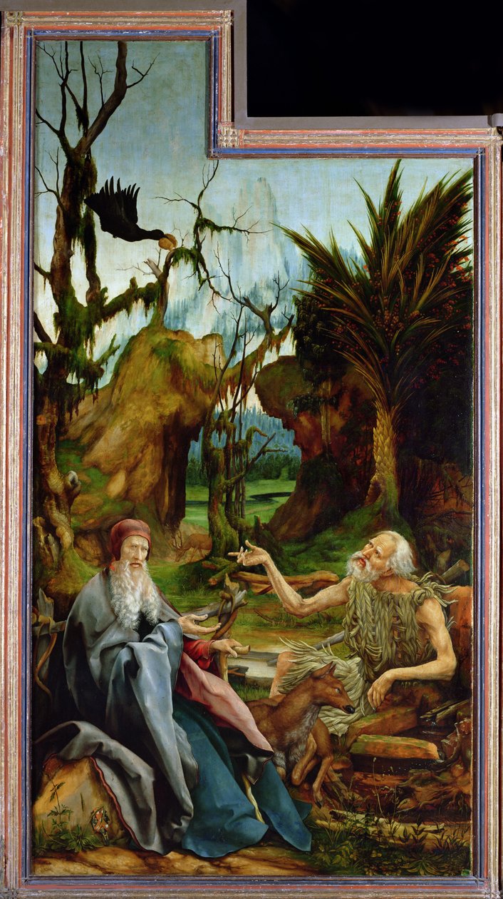 Isenheim altartavla. Vänster flygeln: Möte mellan Sankt Antonius och Sankt Paulus ankoriten i Des av Matthias Grünewald
