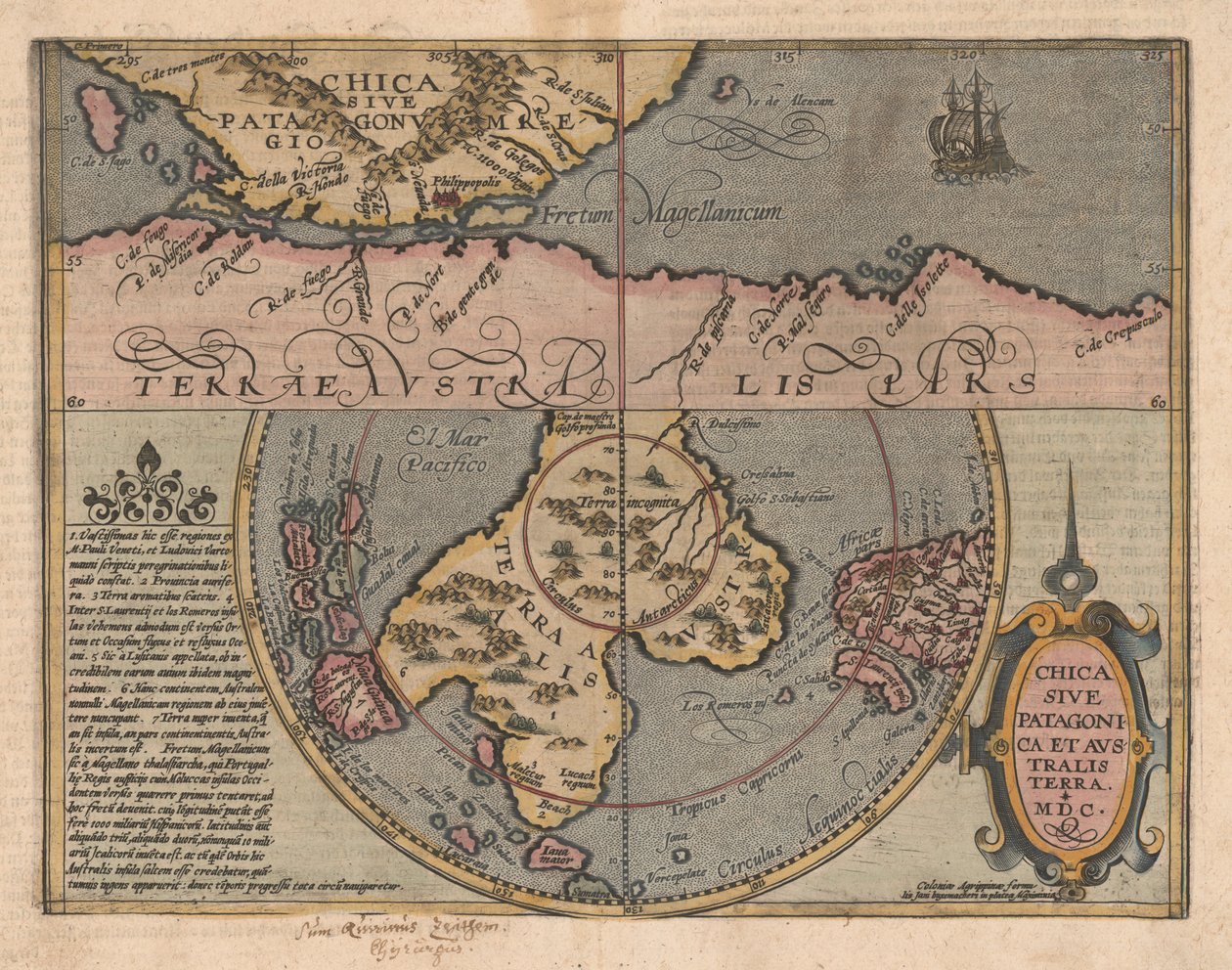Chica sive Patagonica et Australis Terra Från Geographical Handbook, 1600 av Matthias Quad