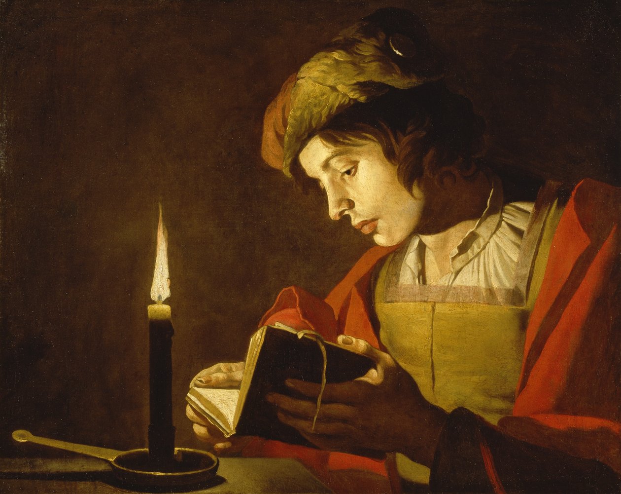 Ung man läser med levande ljus, ca 1630 av Matthias Stomer