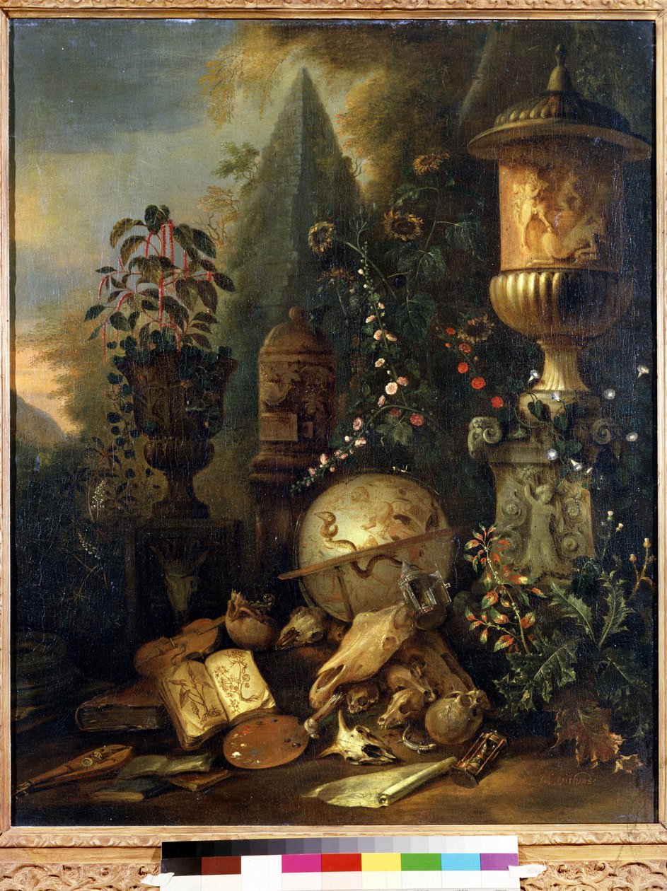 Vanitas, stilleben med en vas (Vanitas, stilleben med en vas). Målning av Matthias Withoos (1627-1703). Olja på duk, 83 x 67 cm. holländsk konst från 1600-talet. Pushkin Museum of Fine Arts, Moskva. av Matthias Withoos
