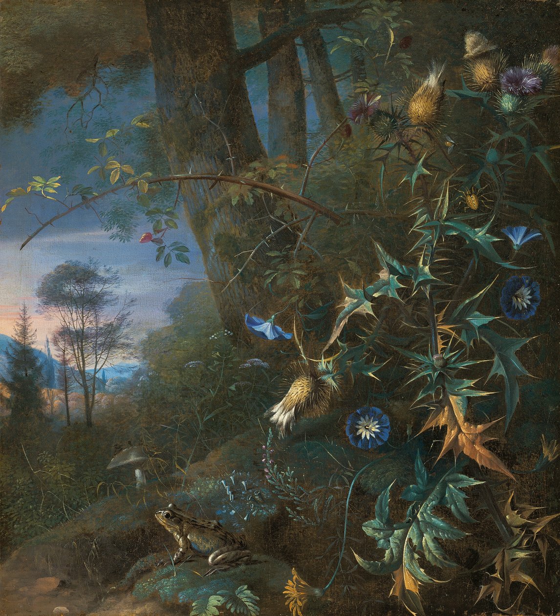 skogsbottenstilleben med en groda och en svamp, berg bortom av Matthias Withoos