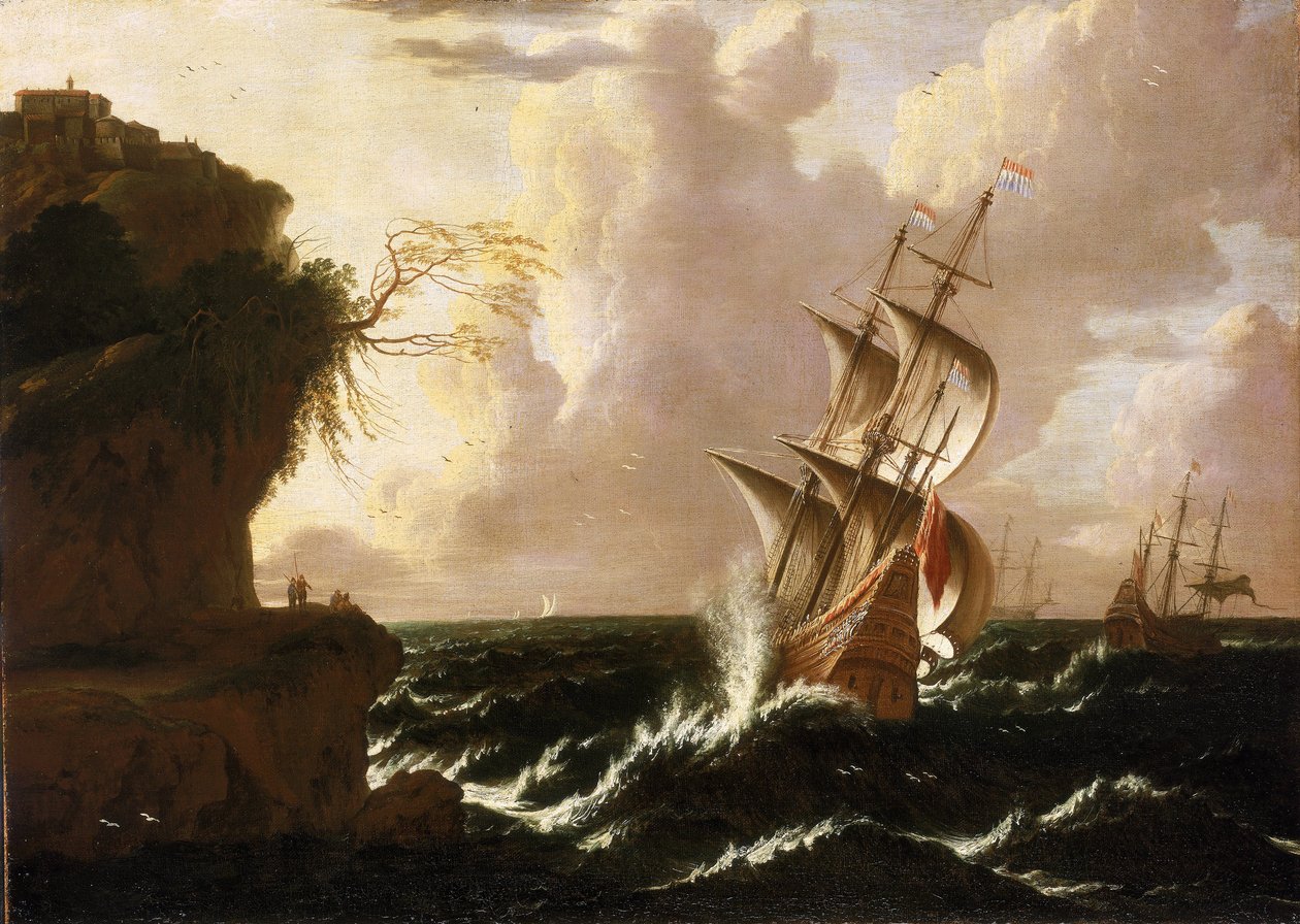 Ett holländskt fartyg i storm framför en klippa med befästa byggnader på toppen. Olja på duk, av Matthieu van Plattenberg (1608-1660). av Matthieu van (c.1608 60) Plattenberg