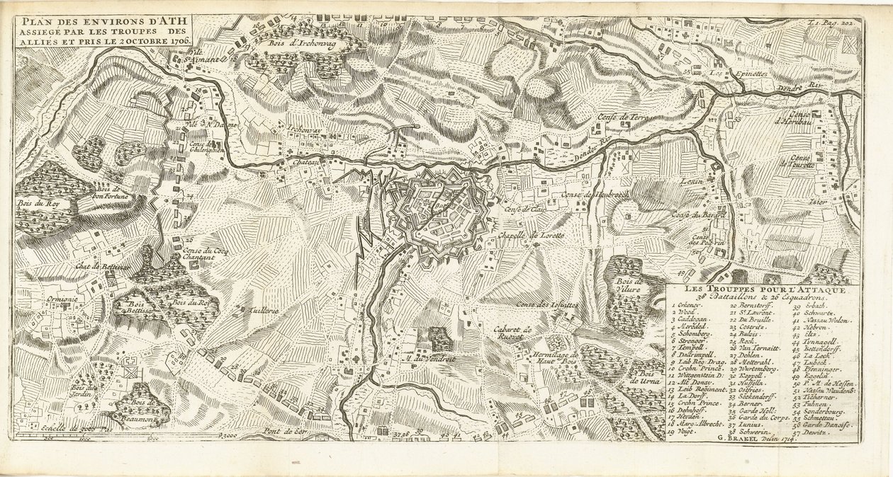 Beleg van Ath, 1706 Plan över omgivningarna i Ath belägrad av de allierades trupper och tagen den 2 oktober 1706 (titel på objekt) av Matthijs Pool (possibly)