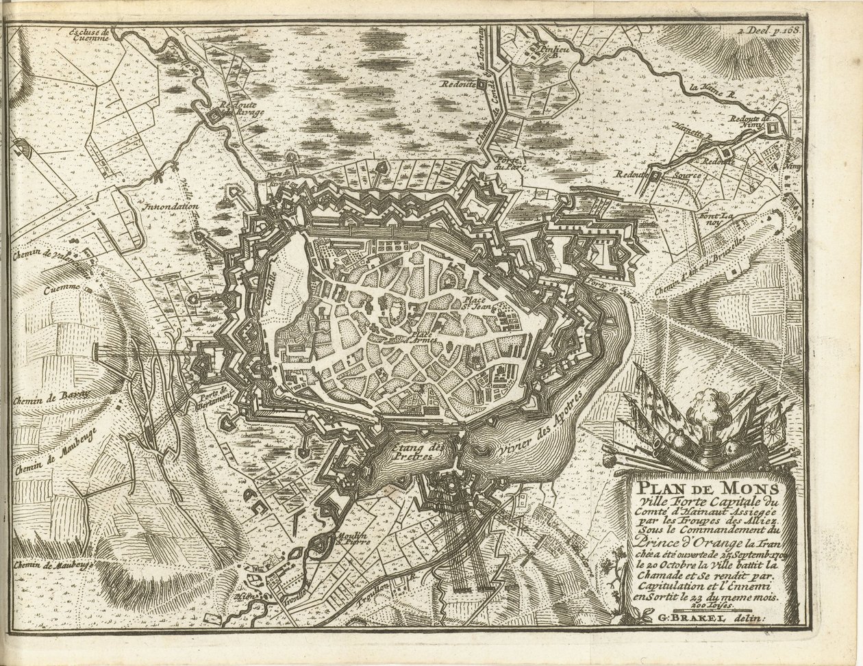 Beleg van Bergen, 1709 Karta över Mons Ville Forte (...) Belägrad av Alliez-trupper. under befäl av Prinsen av Orange (...) (titel på objekt) av Matthijs Pool (possibly)
