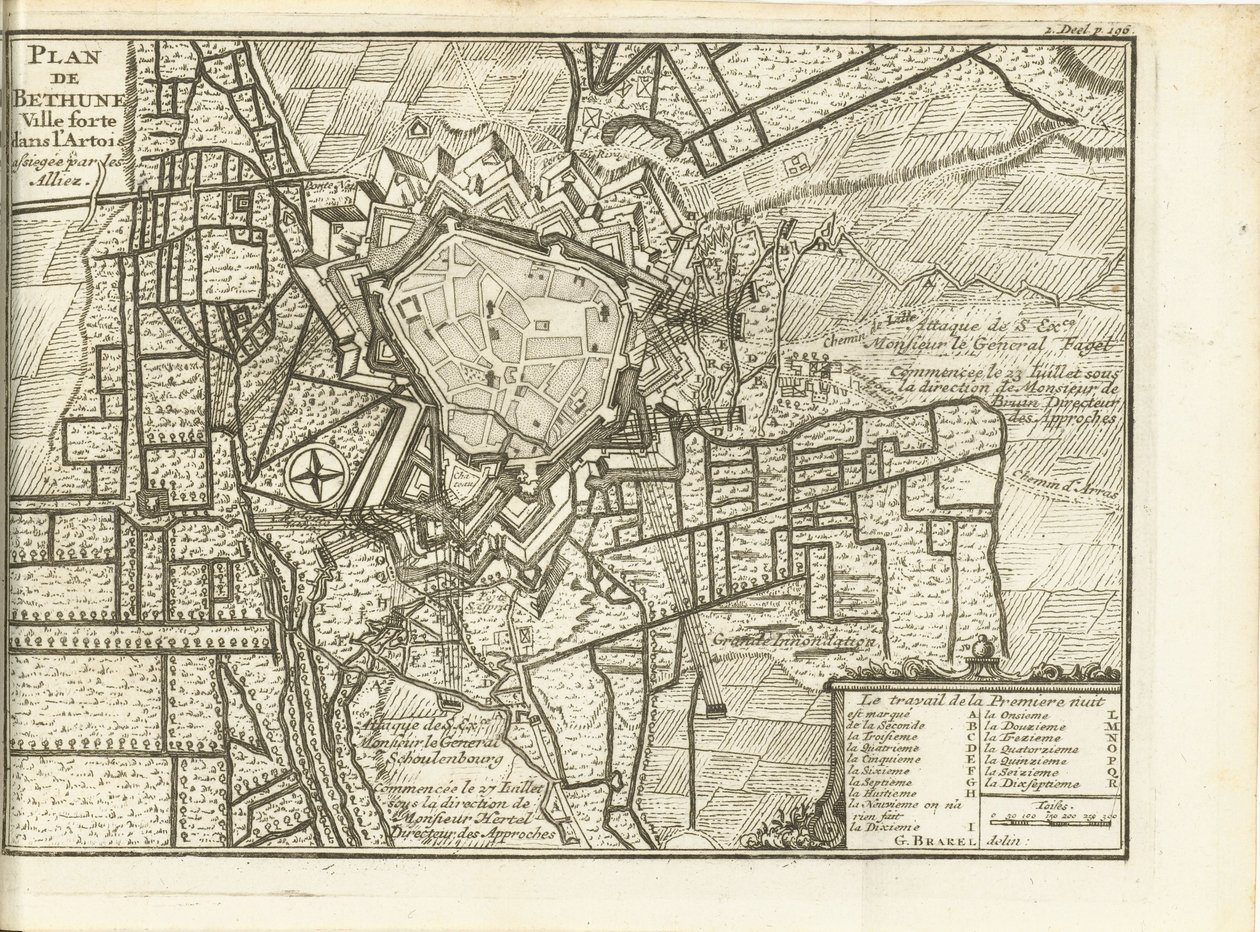Beleg van Bethune, 1710 Karta över Bethune befäst stad i Artois belägrad av de allierade (titel på objekt) av Matthijs Pool (possibly)
