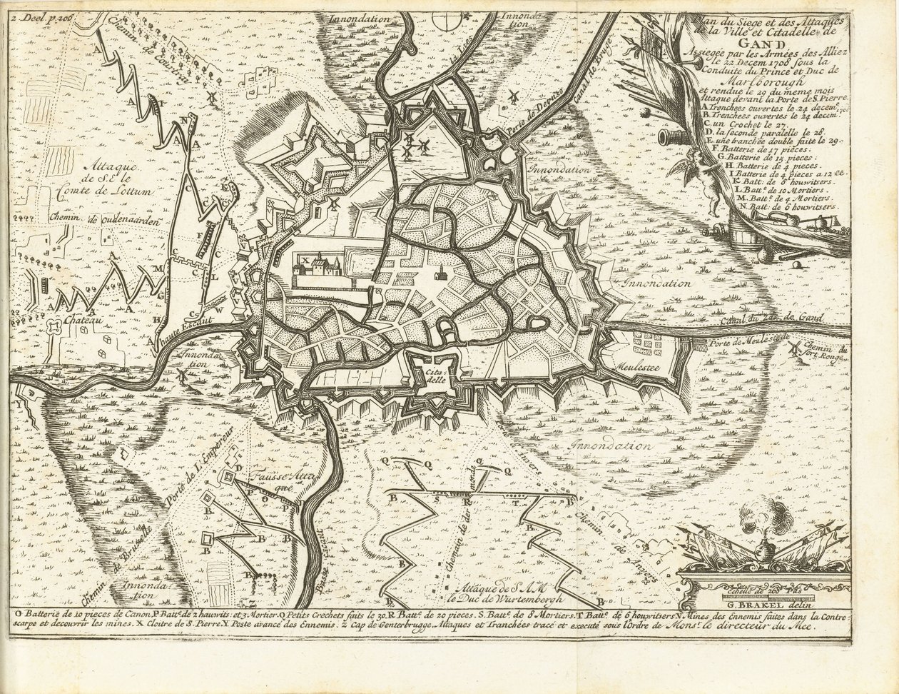 Beleg van Gent, 1708 Karta över belägringen och attackerna av staden och citadellet i Gent som belägrades av de allierades arméer den 22 december 1708 under ledning av prinsen och hertigen av Marlborough (titel på objektet) av Matthijs Pool (possibly)
