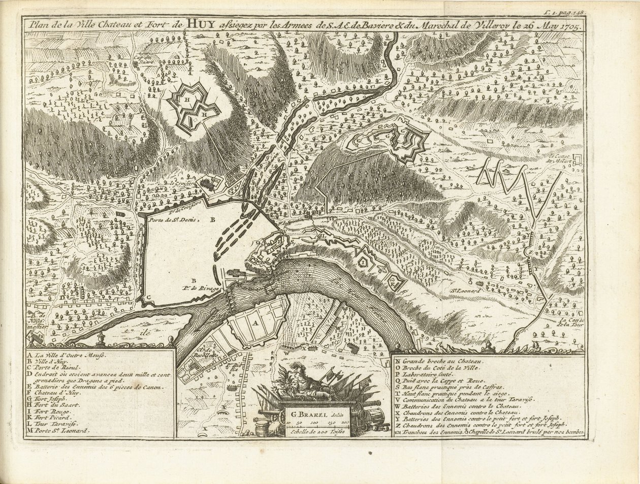 Beleg van Huy, 1705 Plan över stadsslottet och fortet Huy belägrade av arméerna i S.A.E. de Baviere & du Marechal de Villeroy le 26 maj 1705 (titel på objekt) av Matthijs Pool (possibly)
