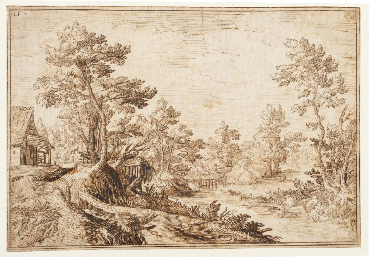 Landskap med flod och by, ca 1501-1600 (svart krita, penna och brunt bläck på papper) av Matthijs the younger (after) Bril