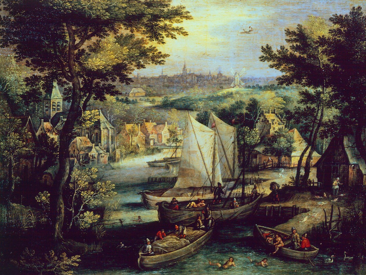 Flodlandskap, av Mathys Bril Younger (1550-1583), olja på koppar av Matthijs the younger Bril