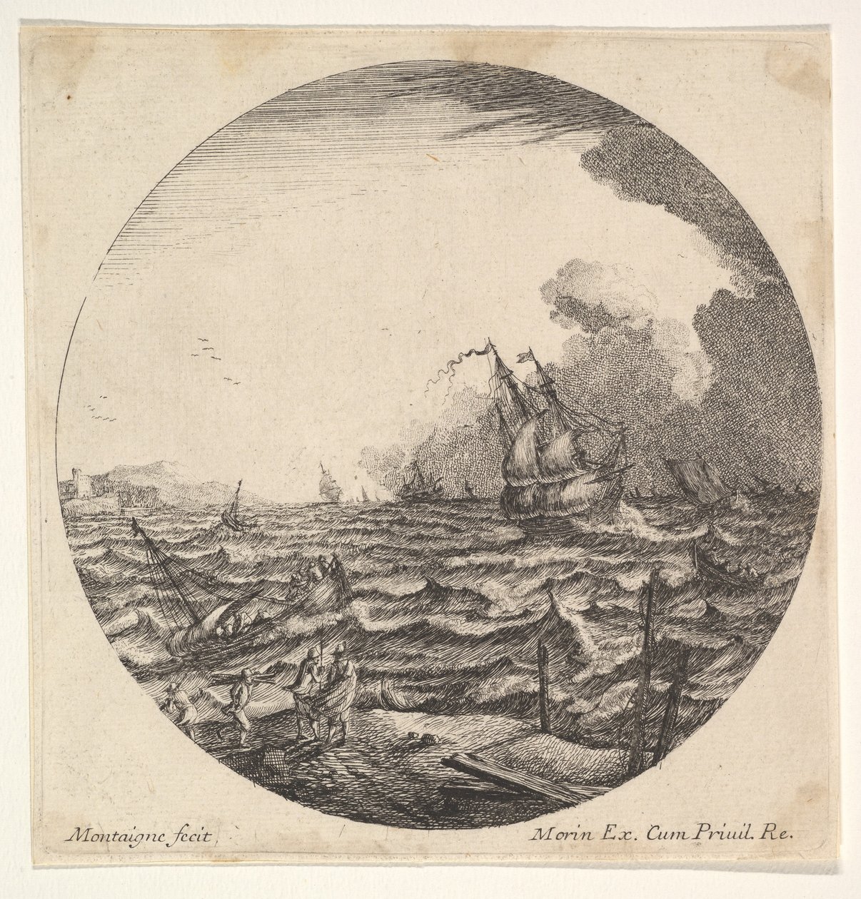 Storm i en rundelkomposition, vid vänster vågor kastar ett litet skepp ockuperat av sju..., ca. 1625-60. av Matthijs van Plattenberg