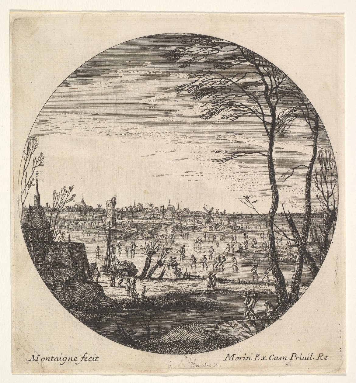 Vinterlandskap med konståkning på en frusen vattenmassa i en rundelkomposit..., ca. 1625-60. av Matthijs van Plattenberg