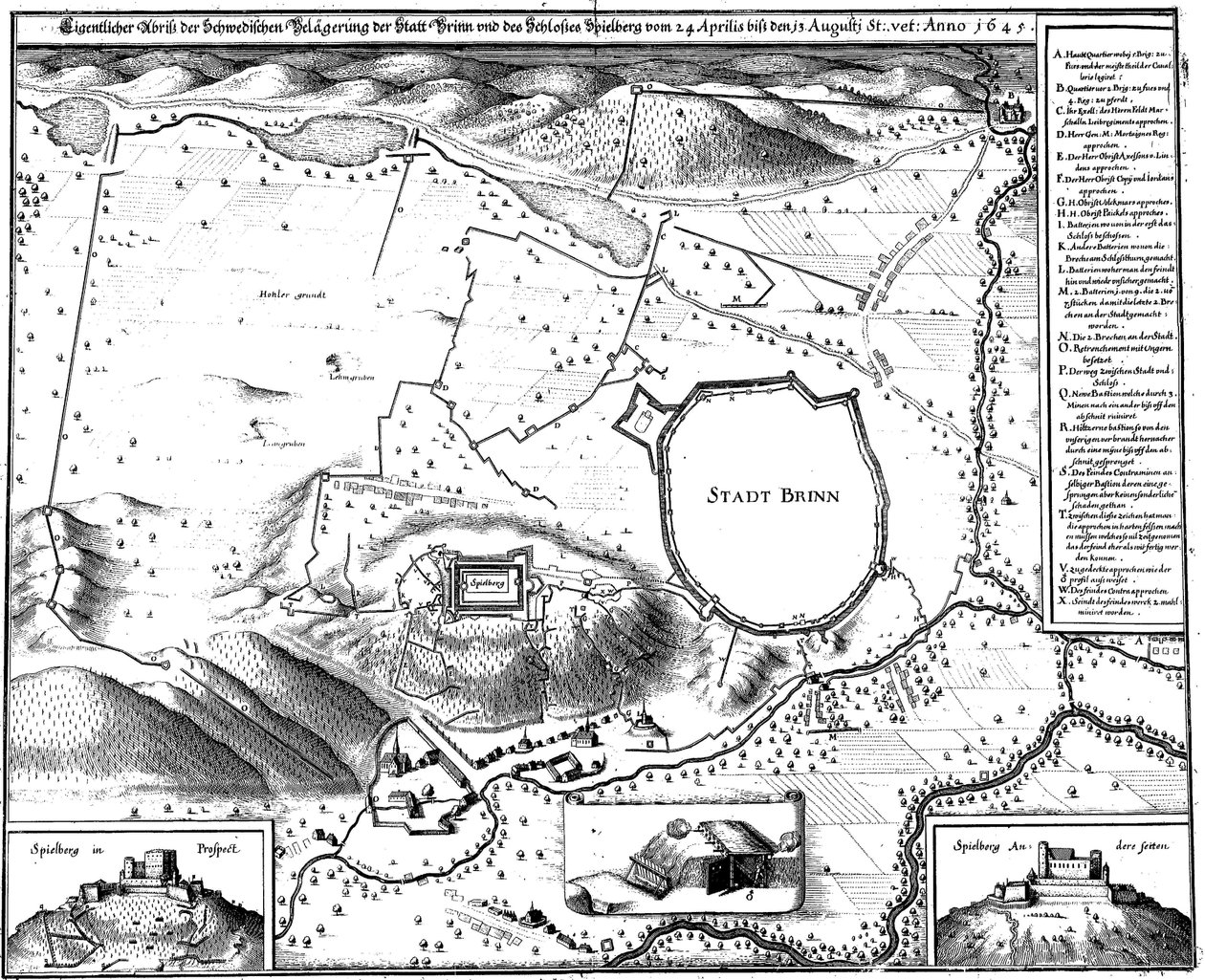 Plán města Brna v roce 1645, tedy v období svého obléhání Švédy, od Meriana av Matthaus Merian