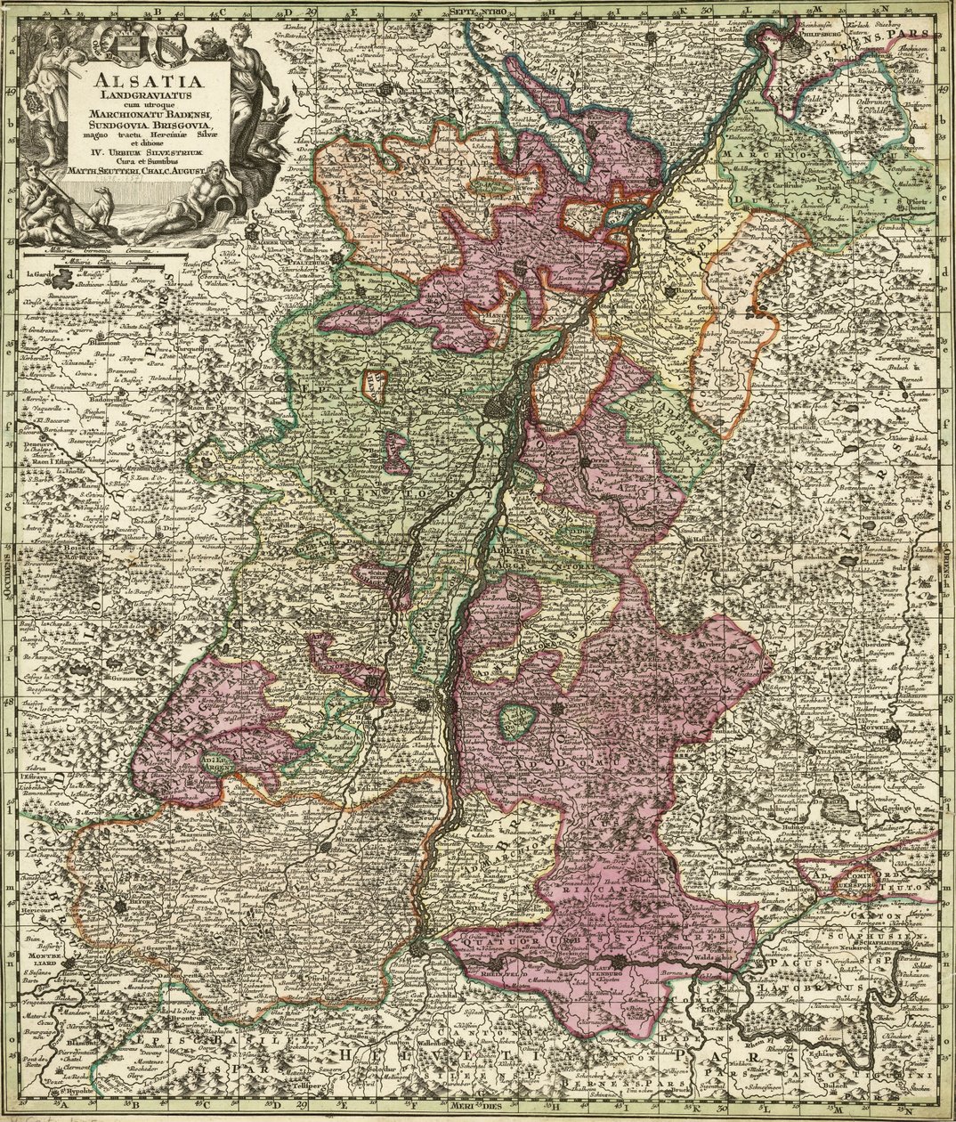Alsace, Baden, Sundgau och Breisgau karta av Georg Matthäus Seutter