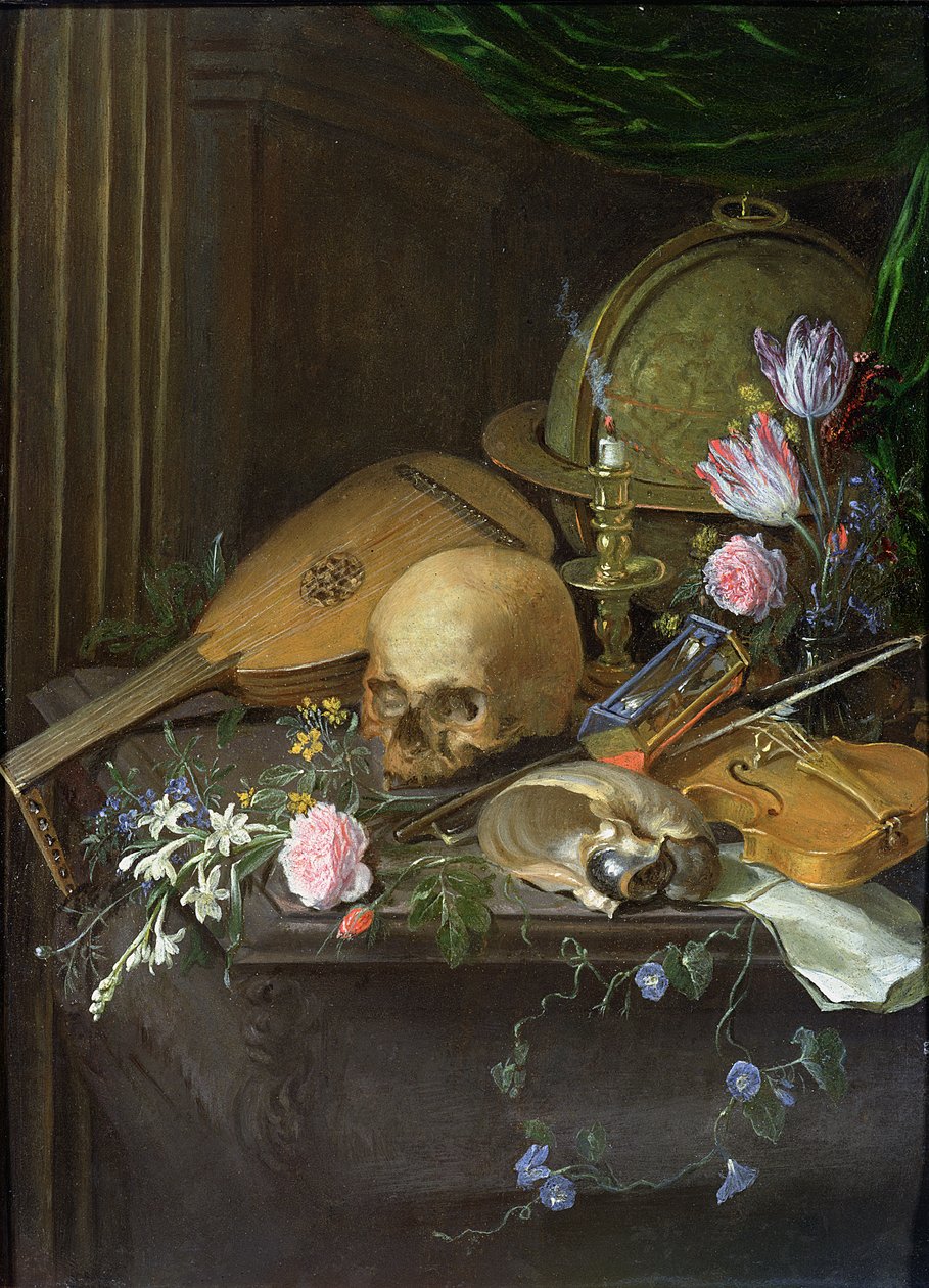 Ett Vanitas stilleben med en Nautilus och en lut av Matthys Naiveu