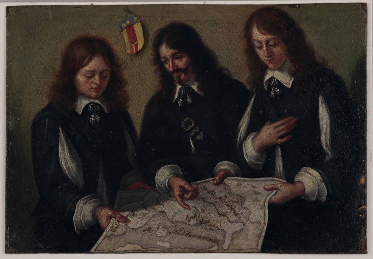 Porträtt av dekan John Bargrave, hans brorson Alexander Chapman och vän John Raymond som tittar på en karta över Italien av Mattio Bolognini