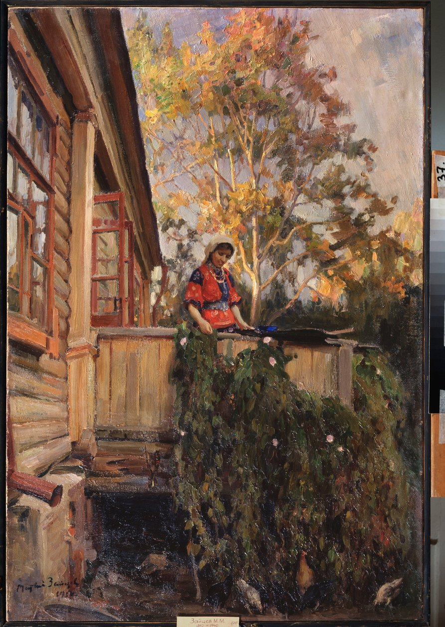 På balkongen - Målning av Matvei Markovich Zaytsev (1880-1940), olja på duk av Matvei Markovich Zaytsev