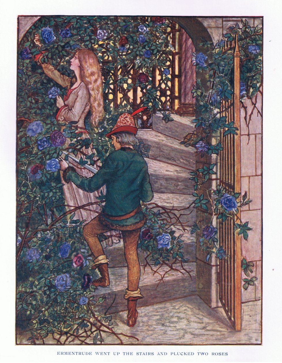 Ermentrude gick upp för trappan och plockade rosorna, illustration från Lady And Fairy Tales, 1914 av Maud Tindal Atkinson