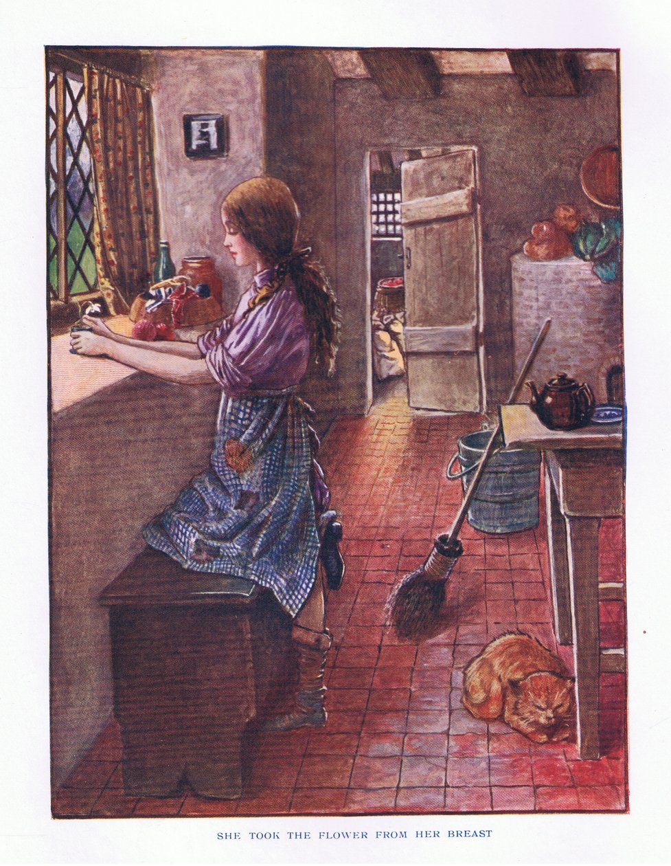 Hon tog blomman från sitt bröst, illustration från Lady And Fairy Tales, 1914 av Maud Tindal Atkinson