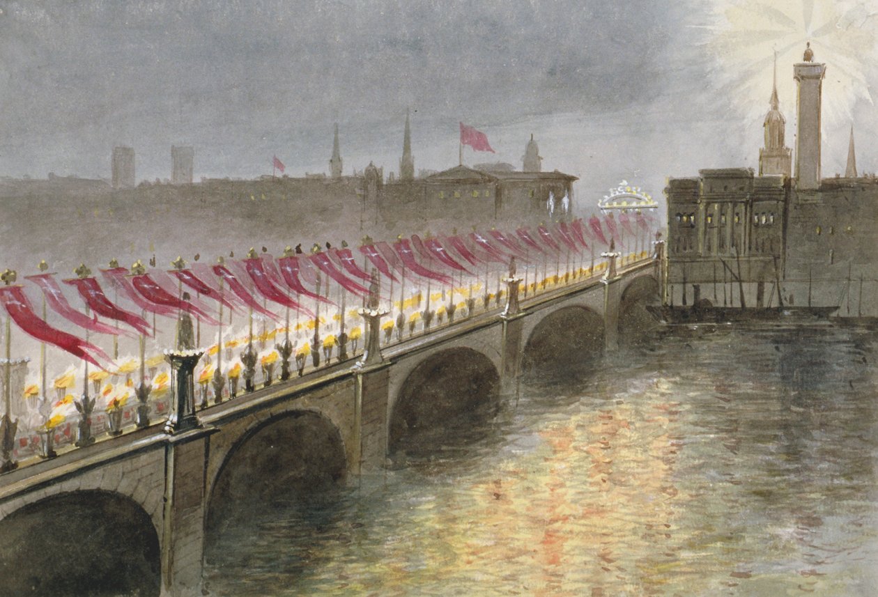 Utsikt över London Bridge natten då prinsessan Alexandra av Danmark anlände, 1863 av Maul